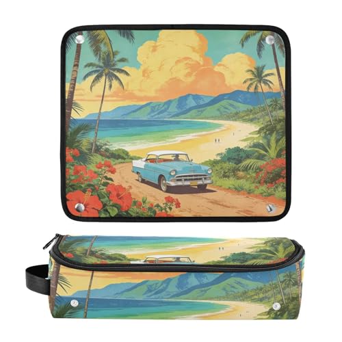Bolso de viaje para herramientas de cabello con tapete resistente al calor removible, impermeable, portátil para planchas, rizadores y secador de cabello, diseño retro de paisaje costero miniatura 3