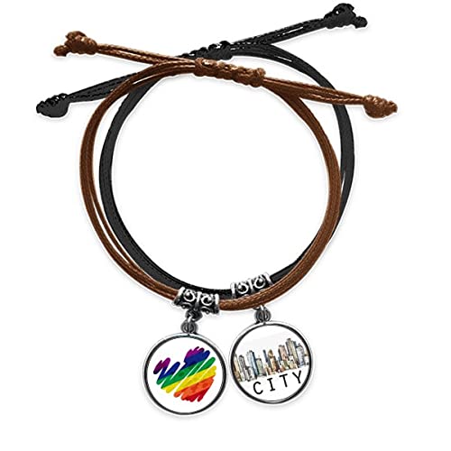 Bracelet cuir LGBT arc-en-ciel et coeur en acier poli avec chaîne fine