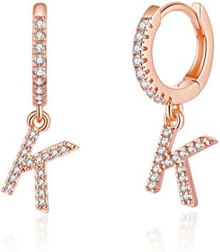 Initial Earrings for Girls Kids, Rose Gold Small Huggie Hoop Earrings Cubic Zirconia Letter K Initial Dangle Hypoallergenic Earrings for Girls Women Toddler Kids Jewelry Mother's Valentines Day Gifts