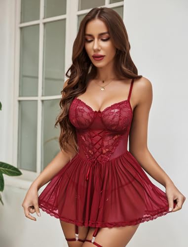 Image of Avidlove Women Lace Mesh Babydoll Lingerie Set with Garter Belt