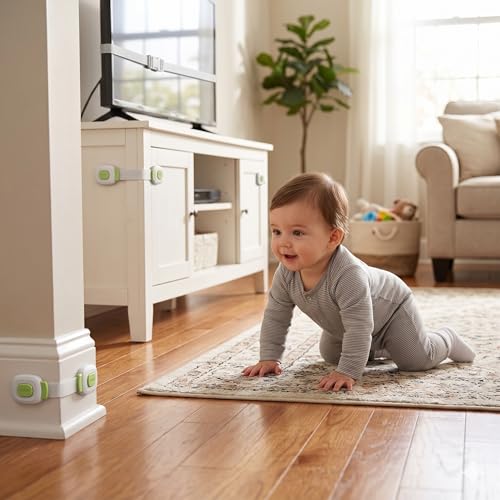 Image of Safe-O-Kid Push Key Multipurpose Child Safety Lock for Cabinets, Drawers, Fridge & Cupboards | Baby Safety Lock with Strong Adhesive | Prevents Finger Pinch Injuries | Pack of 2, (Green)