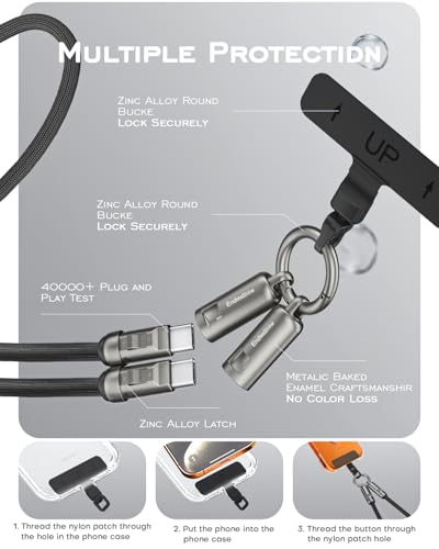 Image of Phone Lanyard Charging Cable, Type-C to USB-C 120cm 240W Fast Quick Charge Crossbody USB-C Strap 480Mbps Data Sync Anti Theft Purple Shoulder USB2.0 OTG Cord(Black)
