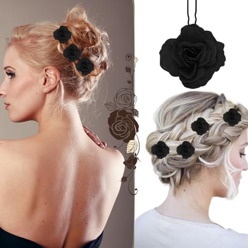 8 PCS Black Rose Flower Hair Clips U Shape Floral Bobby Pins,Vintage Rose Hair Accessories for Women Girls Party Beach Wedding(Black) - Image 3