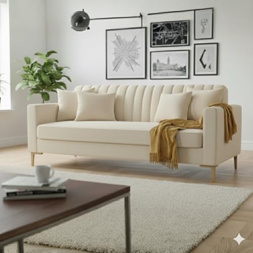 Image of 3 Seater Velum Fabric Sofa Set for Living Room, Modern Design with High Density Foam, Solid Wood Frame, Ergonomic Comfortable Seating for Home & Office (Beige, 3 Seater) | Soft foam comfort, Strong wood frame