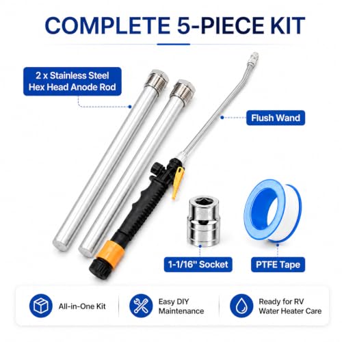 Image of 5 Pcs Upgrade RV Water Heater Anode Rod, Flush Wand Maintenance Kit | 9.25 inchL x 3 /4 inch NPT, 2 x Stainless Steel Hex Head Premium AZ31B Magnesium Anode Rods, Socket Tool & PTFE Tape, for Suburban
