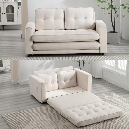 RIDFY Modern Full Size Pull Out Couch Bed, 3-in-1 Convertible Sleeper Sofa Bed with 2 Side Pockets, Loveseat Couch Bed, Velvet Futon 3 Fold Extended Daybed, Floor Bed for Living Room (Beige)