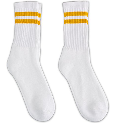 Impress'd Clothing 12 Pairs White Unisex Crew Socks With Two Mustard Yellow Stripes Classic Retro Old School (10-13) #TOP2