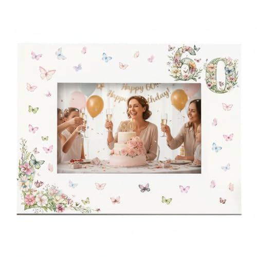 60th Birthday Photo Frame for Her, White with Butterflies and Flowers, 6x4 Inch Aperture, Wall or Desk Display (Landscape)