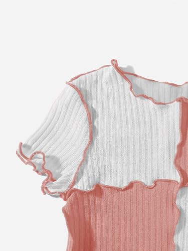 Image of Milumia Girl's Rib Knit Color Block Crop Tee Short Sleeve Lettuce Trim Crewneck Tshirt