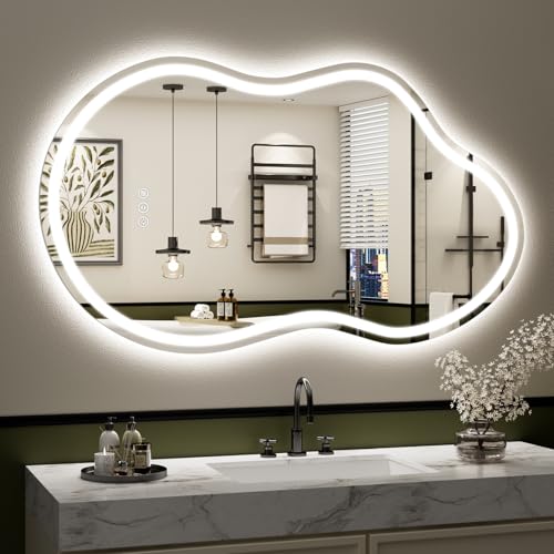 Image of 40x24 Inch Asymmetrical LED Bathroom Mirror with Lights, Backlit & Front-Lit, Anti-Fog, Irregular Cloud Lighted Bathroom Vanity Mirror for Wall, Dimmable, 3 Colors, Memory, HD Tempered Glass