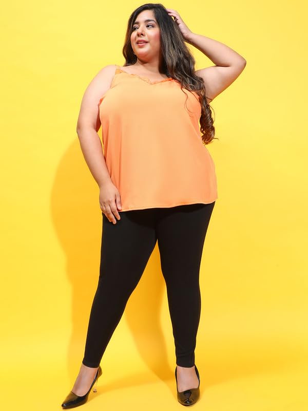 Image of oxolloxo Women Plus Size Soild V-Neck with Lace Detailed Sleeveless Strappy Top