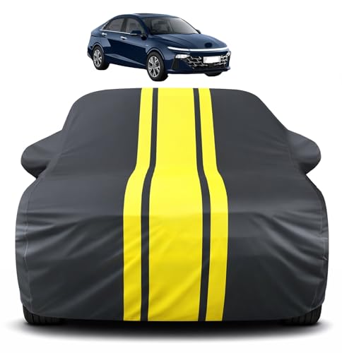 Image of Auto Hub Car Cover Compatible with Hyundai Verna (Model : 2023-To Till Date) with Mirror Pocket, Soft Cotton Lining, Verna Car Cover Waterproof - Yellow-Black