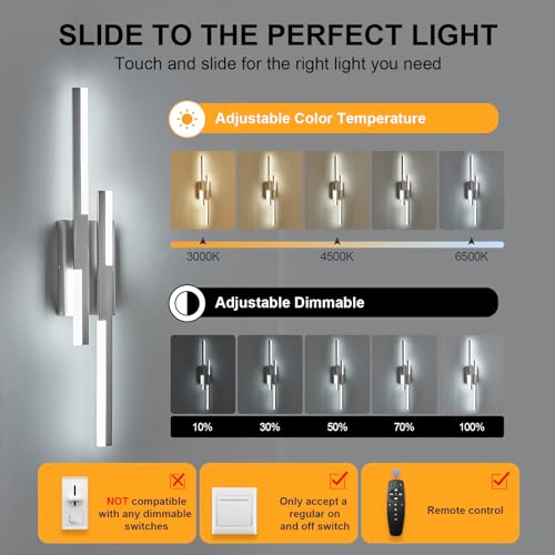 Image of Benkut Modern LED Wall Sconce Silver Remote Wall Light Fixtures for Bathroom, Dimmable Vanity Light Indoor LED Remote Wall Sconce for Bedside Bedroom Living Dining Room (27.6inch 3000-6500K 1 Pack)