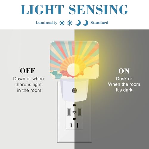Image of Boho Pastel Sun Night Light Retro Sunrise Nightlight Plug into Wall with Dusk to Dawn Sensor for Kid Girls Boys Women Men Room, Hallway, Kitchen, Bathroom, Stairs Decor