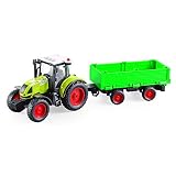 Está diseñado en tamaño escala 1:16 y en color verde y negro; el remolque se puede enganchar fácilmente al tractor y también es de color verde; pueden bajarse tanto los laterales como la parte trasera del remoque dejando una plataforma; el remolque se inclina para las descargas, de forma manual