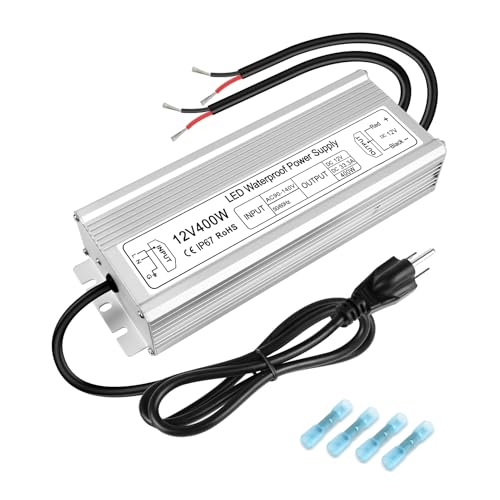 Image of 12V 400W LED Power Supply, IP67 Waterproof LED Driver, Low Voltage Transformer, AC 90-140V to DC 12V 33.3A Converter for Outdoor LED Strip & Landscape Lighting, with 3-Prong Plug 3.3 Ft Cable