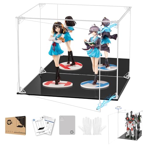 KUKER フィギュアケース アクリルケース UVカット 背面ミラー マグネット付き 前扉 コレクションケース ディスプレイケース ショーケース 組み立て式 汚れ防止 手袋 クリーニングクロス付き (幅30×奥行25×高さ25cm,台座黒＋背面ミラー)（Amazon）