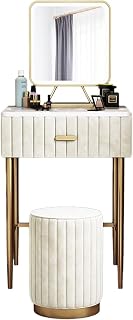 Moderno juego de tocador con cajón y espejo, mesa de maquillaje con taburete tapizado redondo, parte superior de mármol y marco de hierro, color rosa, estación de tocador de 50 cm para espacios