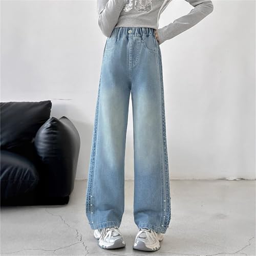 NSQFKALLGirls Basic Jeans Elastic High Waist Baggy Straight Leg Denim Pants with Pockets 5 to 16 Years2