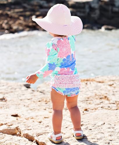 Image of RuffleButts Baby Girls UPF 50+ Sun Protection Floral Printed Long Sleeve One Piece Rash Guard Swimsuit with Zipper