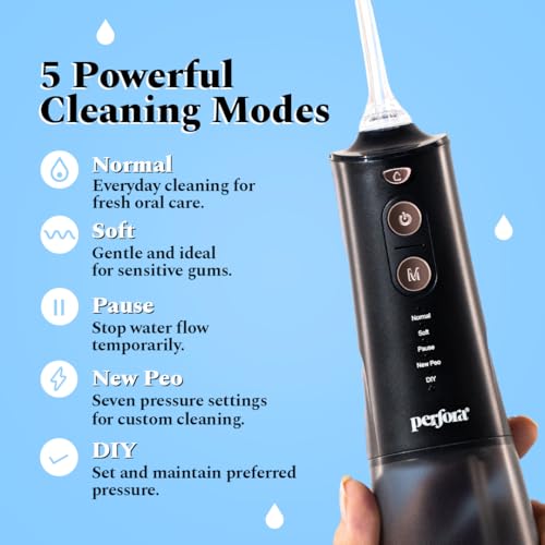 Image of Perfora Smart Water Dental Flosser - 300ml | 2 Year Warranty | 5 Water Pressure Settings & 5 Nozzles, 1500mAh Battery | Rechargeable Dental Floss for Teeth Oral Care, IPX7 Waterproof (Black Gold)