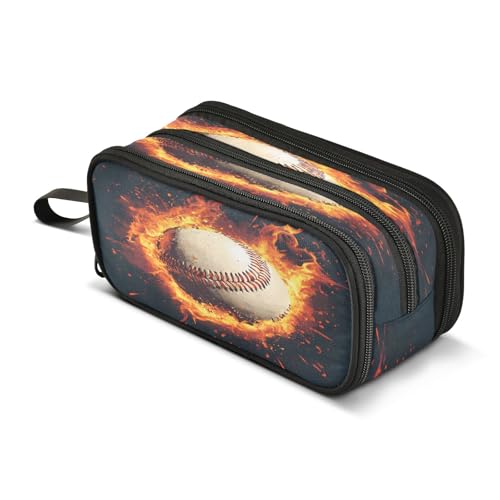 Image of Baseball Magma Flame Pencil Case 3 Compartment Pen Bag Pouch Holder Box School Portable Stationery Storage Bag for Girls Boys