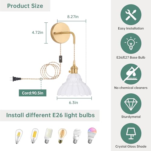 Image of Shenmoyl Vintage Plug in wall sconces Set of 2, 4.9FT Corded Wall Lamps with White Lily of The Glass Shade Hanging, sconces wall Decor for Bedroom Living Room Hallway Doorway