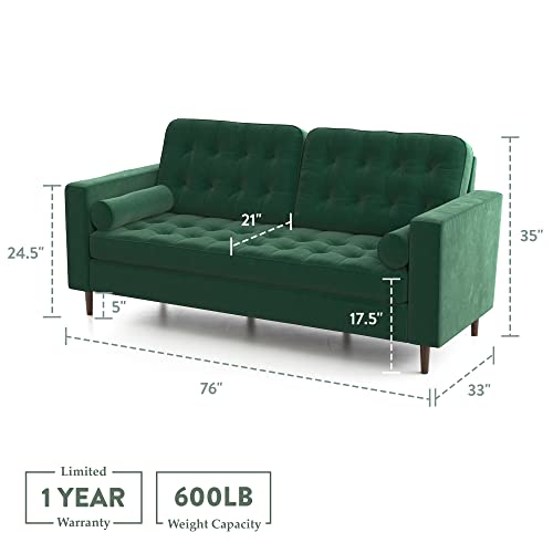 Edenbrook Lynnwood Upholstered Sofa - Couch for Living Room Office or Bedroom - Mid-Century Modern Design Furniture - Buttonless Tufting - Simple Assembly - Includes Bolster Pillows - Green Velvet - Thumbnail 2