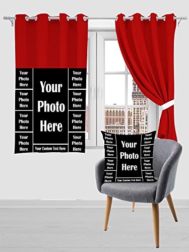 Image of Crush Fabric Photo Personalise 2 Curtains & 1 Cushion with 8 Eyelet for Living Room Bedroom Home Office 4 x 5 Feet Style 134 (Set of 3) (Red)