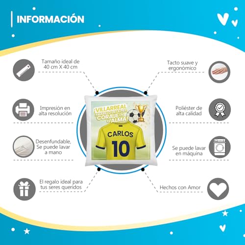 Kembilove® Cojín de Fútbol Personalizado Villarreal con Nombre y Número | Almohada Decorativa Amarilla | Regalo Original para Aficionados y Niños