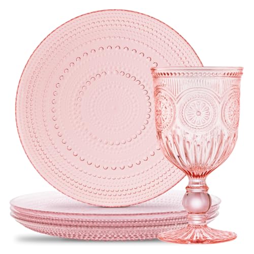 Image of Yungala Vintage Wine Glasses and Plates Set - Hobnail Pink Glassware for Easter