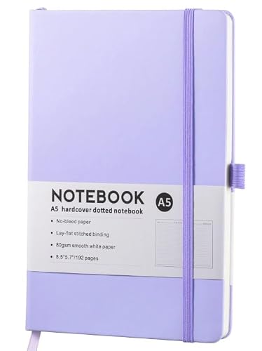 Hardcover Dotted Notebook, A5 PU Leather Journal, Elastic Band, Pen Loop, 80gsm No-Bleed Paper, 192 Pages, Lavender