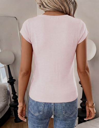 LaGracia Womens Short Sleeve Sweater Wool Blend Cashmere V Neck Cropped Sweaters Lightweight Business Casual Sweater Tops Basic Summer Outfits Beige Pink XL — view 3