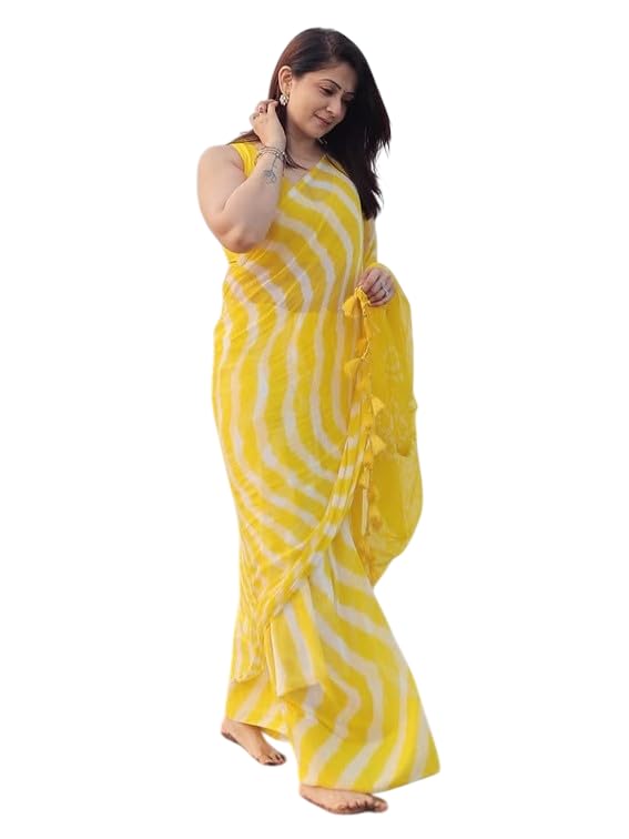 Yellow & White Leheriya Print Pure Linen Saree with Tassels-image-10