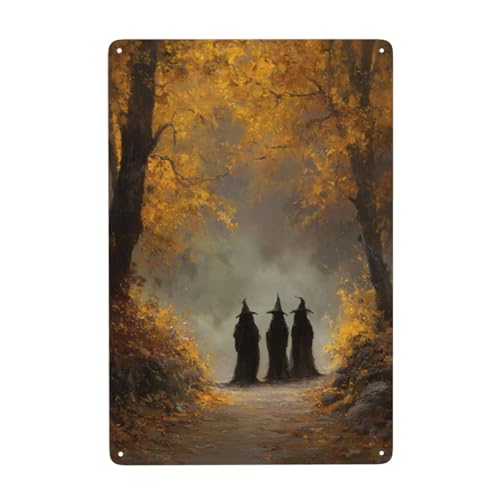 Letreros de metal con diseño de tres brujas en el camino del bosque otoñal, decoración de pared para baño, baño, baño, granja, patio, 20 x 30 cm