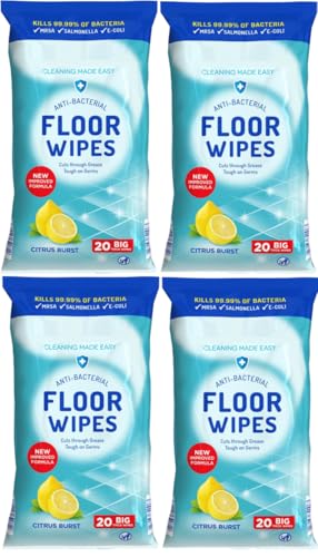 Floor Cleaning Wipes 4 x 20 Pack (80 Total) – Citrus Burst – Thick Large Wipes for Laminate, Tile & Hard Floors – Cuts Through Grease & Grime – Made in the UK