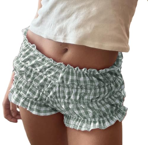 Image of Cute Bloomers Shorts for Women Y2k Ruffle Gingham Bottoms Low Rise Lounge Boy Shorts Plaid Mini Pj Boxers