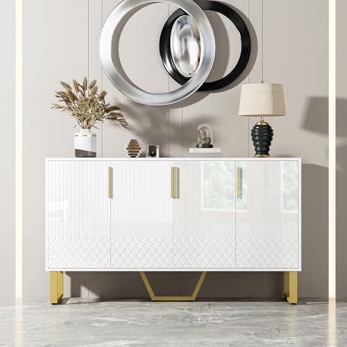 Enfilade Brillant avec 4 Portes poignées et Pieds en métal Buffet géométrique Armoire de Rangement pour Chambre à Coucher Salon Salle à Manger Cuisine armoires Blanc