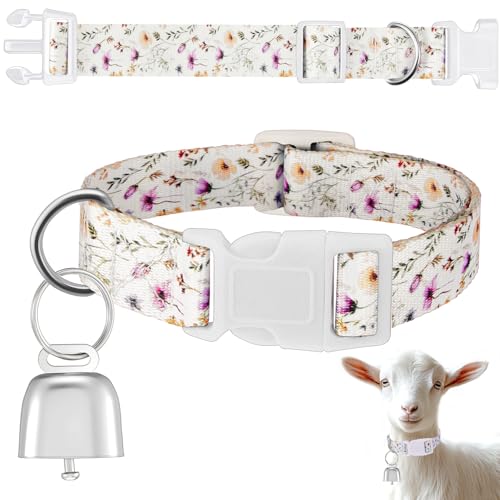 Yeyeplum Goat Collars with Bells, Sheep Grazing Copper Bells and Adjustable Nylon Collar Set Loud Bronze Bell for Spring Summer Small Farm Animal Sheep Cow Dog Accessories(Wildflower)