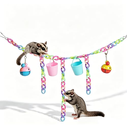JARJARPLG Sugar Glider Toys Sugar Glider Cage Accessories Hanging Climbing & Foraging Toy Set with 66 Plastic Links Bells & Feeding Buckets Exercise Toy for Hamster Cage Squirrel Bird