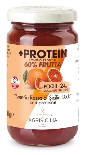 Agrisicilia +Protein Marmellata di 'Arancia Rossa di Sicilia I.G.P.', 24 grammi di proteine, fonte di proteine, pochi zuccheri aggiunti, frutta di alta qualità, 240 grammi