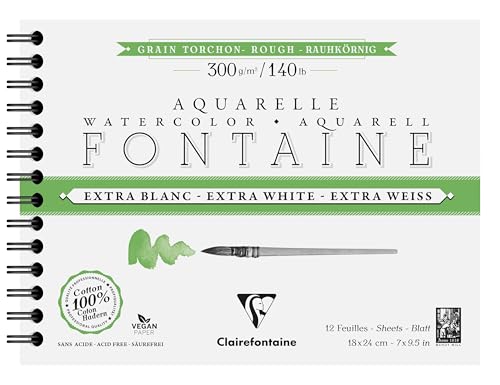 Clairefontaine 976090C Album Spiralé Fontaine Extra Blanc Grain Torchon 18x24cm 300g - 12 Feuilles Papier Aquarelle Extra Blanc 100% Coton - Qualité Professionnelle