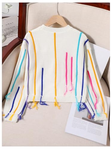 WDIRARA Girl's Rainbow Asymmetrical Tassels Round Neck Long Sleeve Loose Knit Sweater2