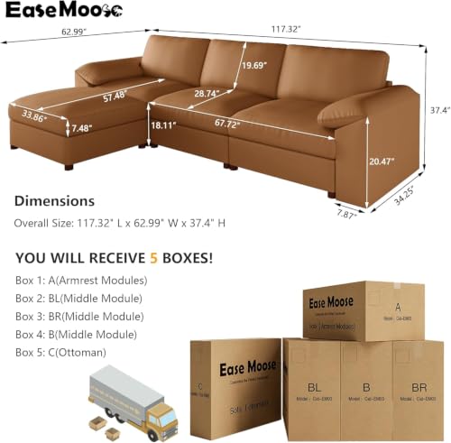 Image of EASE MOOSE Leather Sectional Couch, Oversized Modular Sectional Sofas, Wide Deep Seat Modular Couch, Scratch Resistant Faux Leather Material, L Shaped Sofa for Big Spaces, Brown