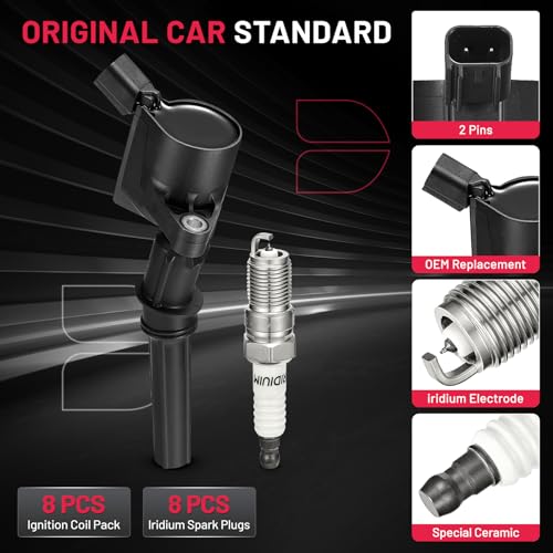 Image of BDFHYK Ignition Coil Pack DG508 and Iridium Spark Plug SP493 SP479 Compatible with Ford F150 F250 1997-2010 Ford Explorer Crown Victoria 2003 2004 Ford Expedition Mustang Ford Coil Pack 5.4L Set of 8