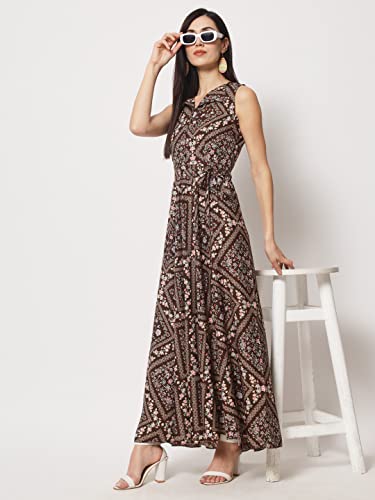 Image of Rudraaksha Women's Printed Maxi Dress Sleeveless Fit & Flare Long Dress || Western Dress for Women || Stylish Maxi Dress Dress || Summer Dress || Boho Printed Dress for Women