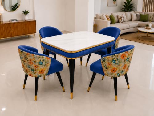 Image of WOODEN SPACE Majestic 4 Seater Wooden Dining Table Set | Urban Marble Top Dining Table with Chairs for Dining Room & Kitchen (Modern Classic Printed Navy Blue) (54 x 36 x 30 inch)