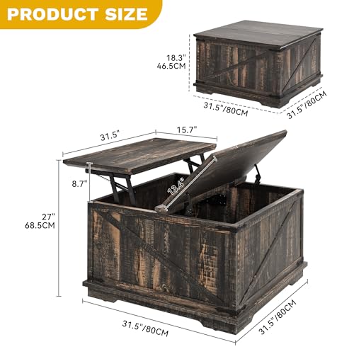 DWVO Lift Top Coffee Table with Storage, Farmhouse Coffee Tables for Living Room, Square Coffee Table with Lifting Top Wood Center Table with Large Hidden Storage, Brown