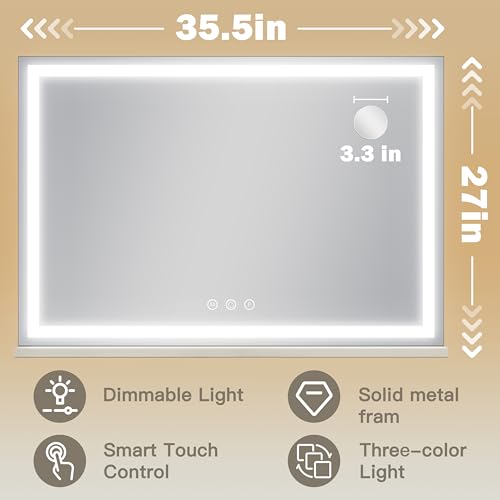 Image of ROLOVE Large Vanity Mirror with Lights 35.5 inch x 27 inch, LED Hollywood Makeup Mirror with USB Charging Port, 3 Color Modes, Dimmable Touch Control, 10X Magnification, Wall Mounted or Tabletop
