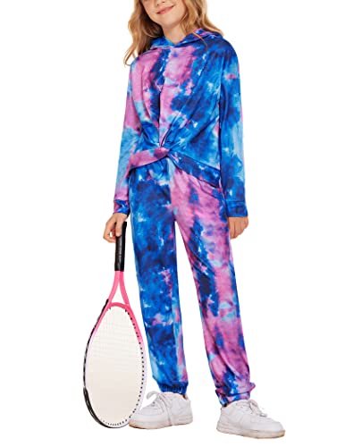 Hopeac Girls Tie Dye Sweatshirts Active Jogger Set Twist Front Hoodie Sweatsuit And Sweatpants Autumn Winter Sport Clothes With Pocket #TOP3